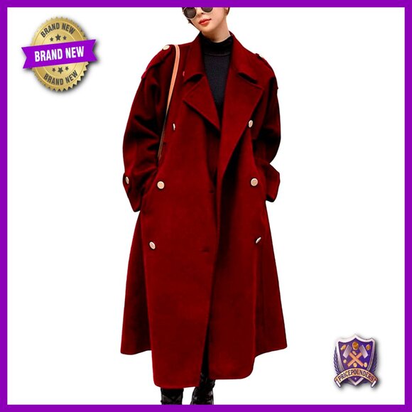 Double Breasted Wool Pea Coat Midi Length Classic Notch Lapel Winter Trench